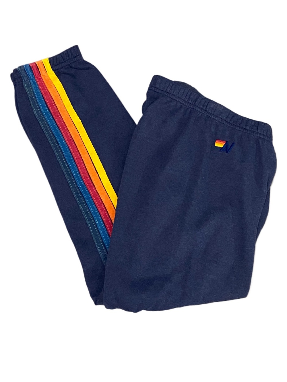 Aviator Nation 5 Stripe Sweatpants in Heathered Navy w/ Rainbow Stripes - Small